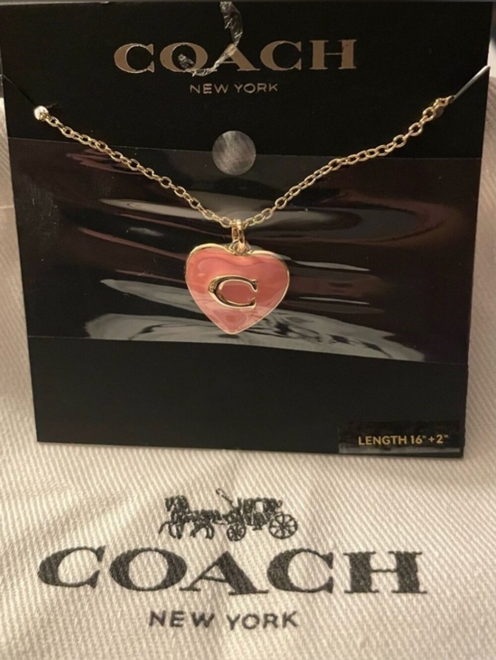 NWT Coach Pink Enameled Heart 'C' Pendant Necklace